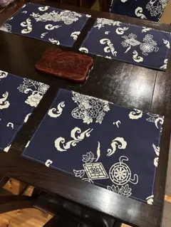 ネイビー 花柄 波模様 ランチョンマット 4枚セット古民家カフェ風