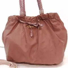 プラダ ハンドバッグ 2way ショルダー レザー×ナイロン リボン ピンク