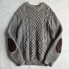 BRITISH WOOLアランケーブルニット 肘パッチ M グレージュ 英国羊毛