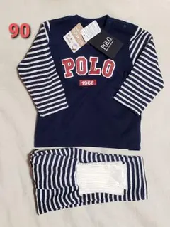 新品 90 長袖パジャマ キルトパジャマ 綿100% 腹巻き付き POLO 紺