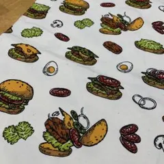ハンバーガー柄　プリント　アイボリー　オックス生地　60cm×40cm