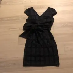 キャバクラ　ラウンジドレス 黒と青のチェック柄Vネックワンピース