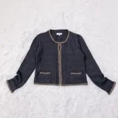 美品　ヴィンテージ ジャケット風ニットカーディガン　バイカラー　綿混　グレー　M