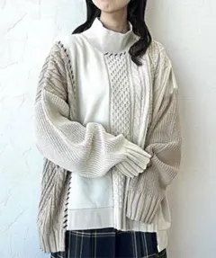 ニコアンド　ニットドッキング裏毛プルオーバー　アイボリー