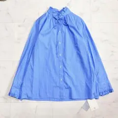 未使用 イエナ ストライプ フリルネック ボウタイ シャツ ブラウススカイブルー