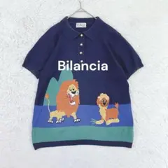 レトロヴィンテージ◆Bilancia 半袖ポロニット ネイビー ライオン 刺繍♪