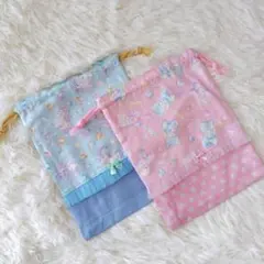 フリル巾着　小物入れ　ユニコーンブルー＆ゆめかベア