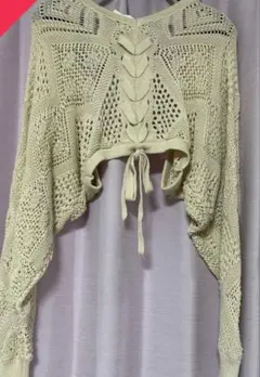 レース編み クロップドカーディガン ホワイト ベージュ