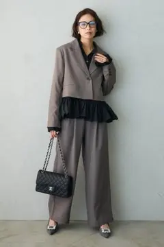 セットアップ❣️クロップドマニッシュシンプルジャケット+パンツ グレー Frene