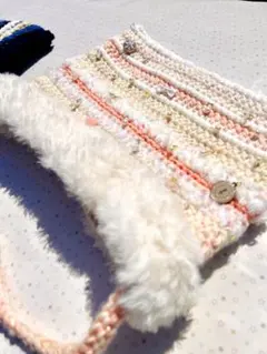 手編みビーズ付き猫耳帽 ピンククリーム