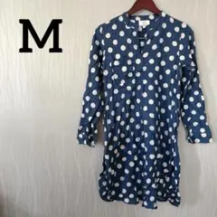 【M】長袖シャツワンピース 水玉模様 ネイビー・ホワイトドット 秋冬服