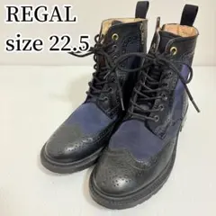 【美品】リーガル ウイングチップ メダリオン サイドジップ ネイビー 22.5