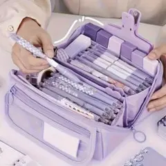 推し活 ペンケース 筆箱 クリアポケット付き 文房具 多機能ポーチ パープル