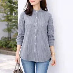 GU【S】バンドカラー ストライプシャツ 長袖 きれいめ 通勤 カジュアル