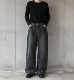 ワイドデニムパンツ ブラック ウォッシュ加工のサムネイル