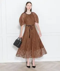 Leja　パフスリーブウエストリボン 総レース ロングドレスワンピース 結婚式