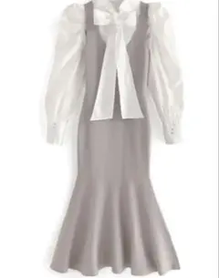 ボウタイブラウス×ニットマーメイドワンピースセットアップ[ru1007]