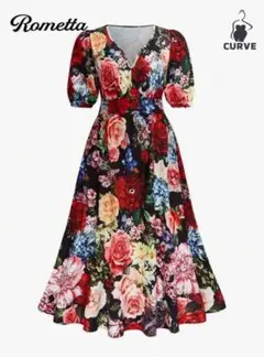 Rometta 花柄 Vネック ロングワンピース　1XL-E2