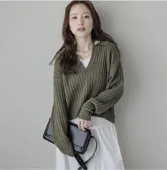 スキッパーデザイン長袖ニット　襟付きニット