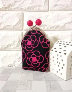 タバコケース　がま口　ポーチ　アイコスケース　ハンドメイド　カメリア柄黒色