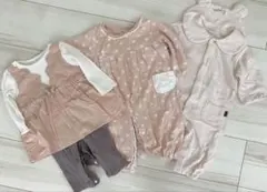 ベビー　ロンパース　50〜70cm 3点セット　重ね着風　うさぎ　耳　水玉