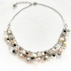 華やか トップ２連ネックレス パール調＆ミックスビーズ フォーマル ヴィンテージ