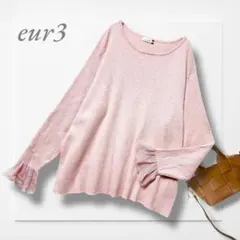 eur3◆リブニットカットソー(LL)ピンク シフォン チュール 大きいサイズ