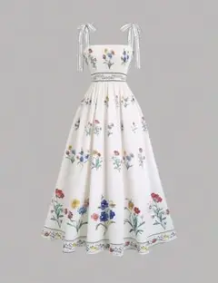 肩リボン　花柄ワンピース