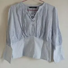ZARA BASIC ストライプ レースアップ 長袖ブラウス Sサイズ
