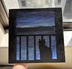 コ*ん様 猫の風景画 アクリル絵画 キラキラ輝く海を眺める子猫ちゃん