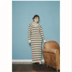 pinue マルチボーダーニットワンピース　ベージュ