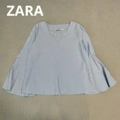 ZARA ストライプブラウス フレア袖 Vネック 春　レディース M きれいめ