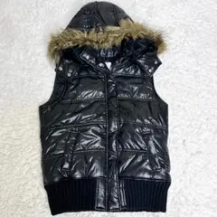 y2k ファー ダウンベスト ジャケット 平成ギャル グランジ 光沢 黒