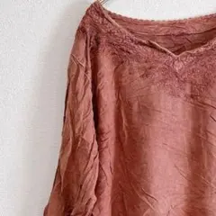 ノーブランド 刺繍 チュニック Ｖネック シャーリング袖 Ｍ 茶 綿 お出かけ