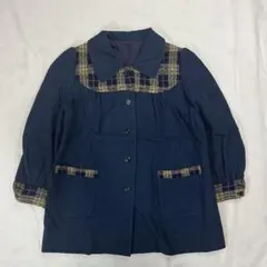 ヴィンテージ風 ジャケット チェック切替 ネイビー レトロ 古着 アウター