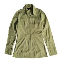 70sテイスト デカ襟 ストライプ長袖シャツ 黄緑&ブラウン 69020