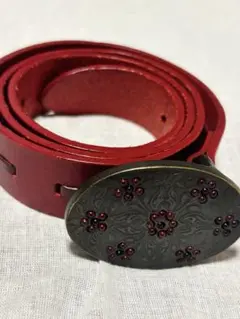 イタリア製 レザーベルト レッド 花柄バックル
