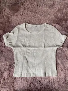 UNIQLO リブ半袖Tシャツ M ライトグレー