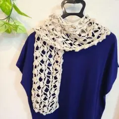 葉っぱ模様の春夏ストール　ハンドメイド　コットン　手編み　ニット　ベージュ系のサムネイル
