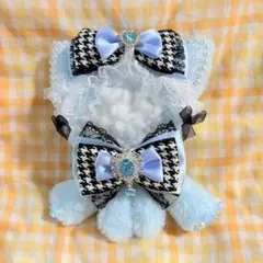 ③033.おすわりぬい服　水色×千鳥柄　ねこちゃん　10〜12cm
