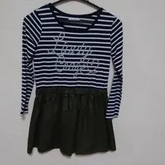 しまむら 女の子 ワンピース 長袖 140センチ  紺白ボーダー×カーキ