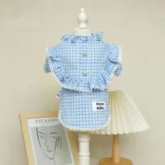 水色チェック フリル付き犬服　ペット　ドレス　ワンピース　可愛い　安い　フリル