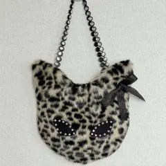 猫形 ヒョウ柄 フェイクファー 　　　　　きらきらラインストーンバッグ