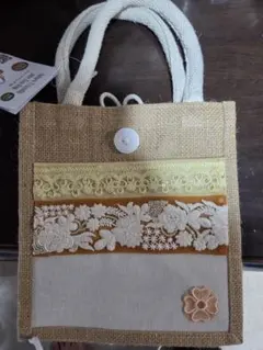 刺繍レース付きジュートトートバッグ