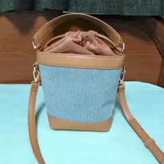 巾着式バケツ型ハンド＆ショルダーバッグ 青緑と茶色