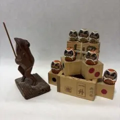 希少木彫りかえる達磨 縁起物 置物 伝統工芸2点