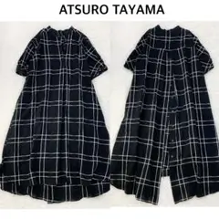 アツロウ タヤマ コットン ガーゼ チェック ロング ワンピース バンドカラー