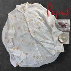 Papas パパス メンズ リネンシャツ 麻100% ヤシの木刺繍 長袖 白