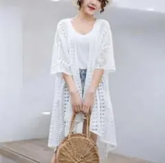 レースカーディガン　レース　白　夏　 半袖　清楚　おしゃれ人気　ロング ホワイト