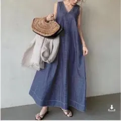 L 青　ロングワンピース デニム マキシ丈 ノースリーブ 半袖 夏 a8のサムネイル